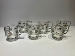 Set of 6 Libbey Glass Co. Silver Leaf 3 1/4-inch Cups Mugs with Metal Handles
