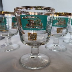 MCM Federal Steamboat Footed Glasses Aqua Gold Trim Old Fashion Barware Set of 6