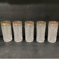 Mid-Century Diamond Point Criss-Cross Juice Glasses, Set of 5 Gold-Trim Tumblers