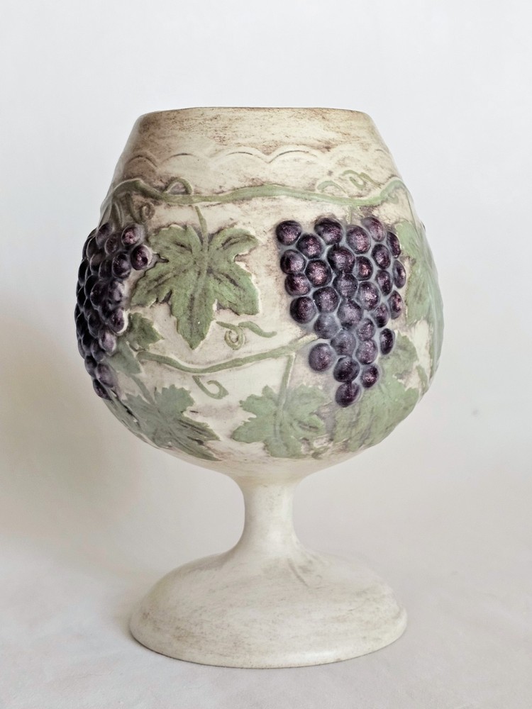 Vintage Ceramic Wine Goblet Purple Grapes Handcrafted