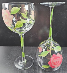 2 Block Vintage Rose Balloon Wine Glasses Mix Set Floral Hand Painted Flower Lot