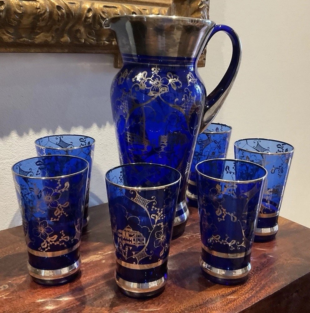 Gorgeous vintage Venetian or Murano-style cobalt blue lemonade/water set- Italy