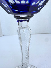 Czech Bohemian Crystal Cobalt Blue Cut To Clear Stem Stemware Wine Glasse 8 1/8″