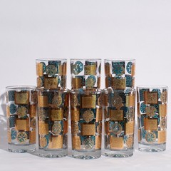 Vintage 1960s Culver Carnival Highball Glasses Turquoise 22K Gold MCM Barware Se
