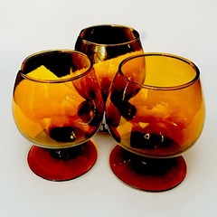 Vintage Amber Glass Classic Balloon Shape Brandy Snifters Set/3 Great Condition!