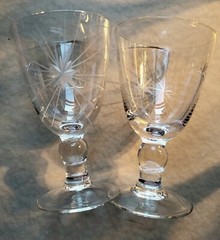 2 Atomic Starburst Etched 3.25″ Crystal Liqueur Glasses 1960s Vtg Barware