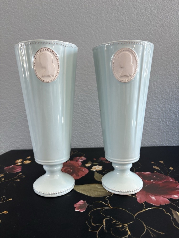 Set of 2 Light Blue & White Cameo Pedestal Glass Goblets, 12 fl oz