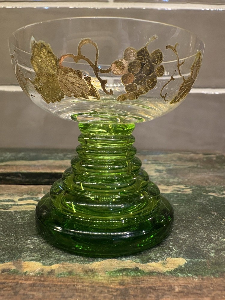 Antique 2.5” Emerald Green 24kt Gold Grapes & Leaves Vines Cordial Glass