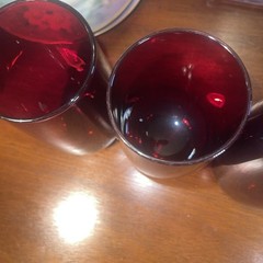 (4) RUBY RED VINTAGE DEPRESSION ROLY POLY 5″ FLAT BOTTOM ANCHOR HOCKING GLASS