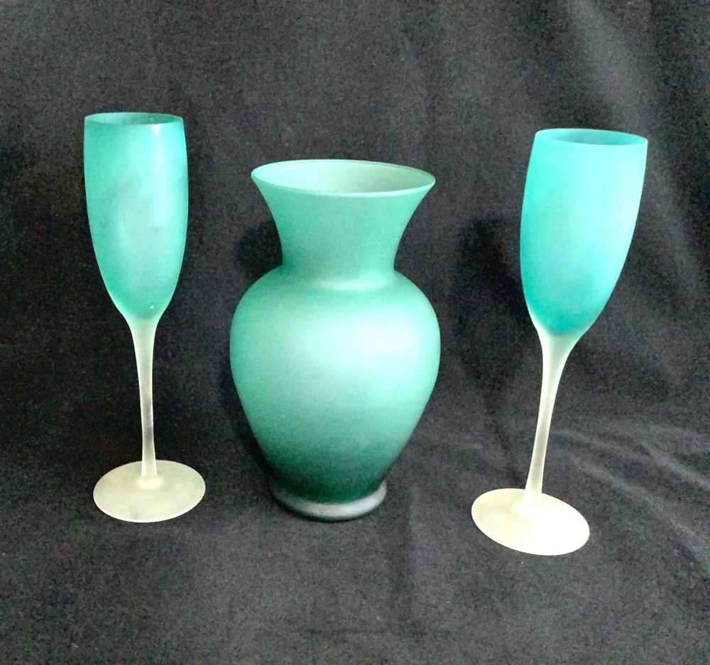 Vintage Style Frosted Glassware With Vase Green Blue Gradient, Satin Finish. 9″