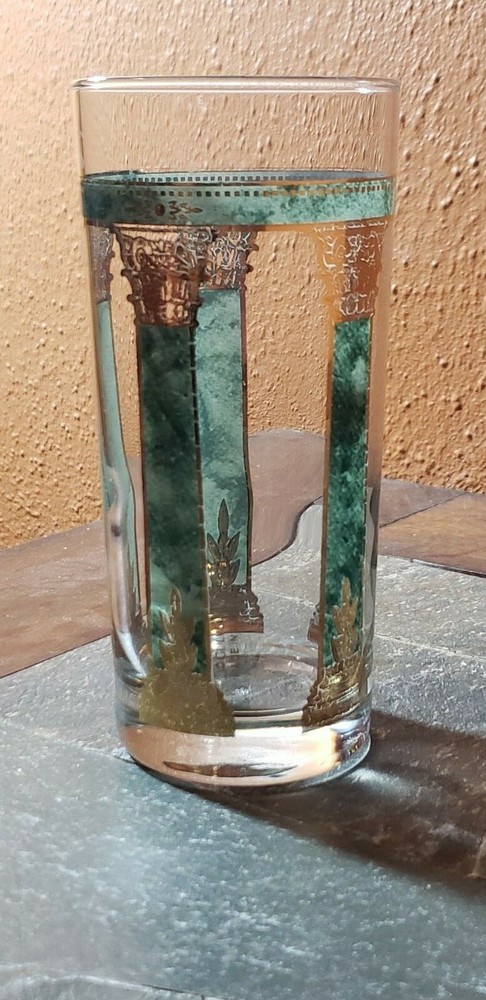 Culver Gold Green Greek Columns Highball Glass Tumbler 6 1/4″