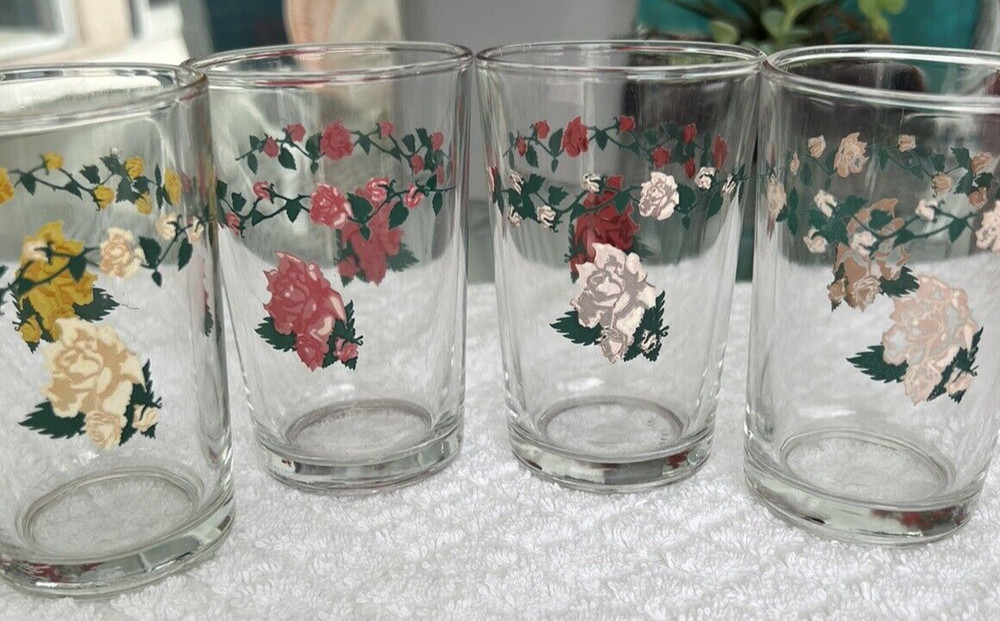 4 Vintage Kig Malaysia Rose Pattern Juice Glasses Pink, Red, Yellow, Orange