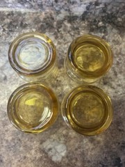 Set of 8 Vintage MCM Harvest Gold Low Ball Glasses w/Goldtone Metal & Wood Caddy