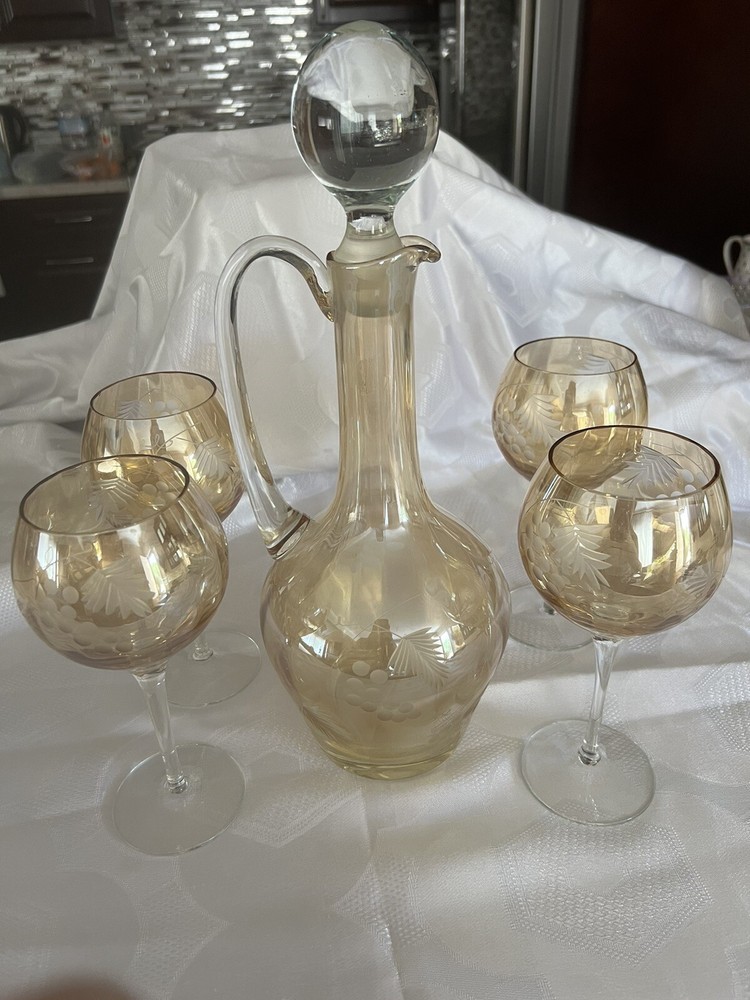 Elegant Set Of 4 Wine Glasses And Decanter Cut to Clear Gold Hand Cut
