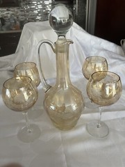 Elegant Set Of 4 Wine Glasses And Decanter Cut to Clear Gold Hand Cut