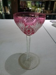 Wine Champagne Glass, Cranberry Pink red Cut to clear Crystal val saint lambert