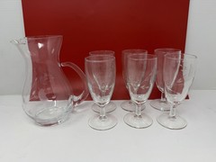 French Etched Glass Pitcher And Six Glass Set Floral Wheel Etched Lemonade Set