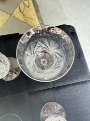Set of 6 Cut Glass Stemmed Water Goblets 7” Fan Diamond Pattern 8 oz