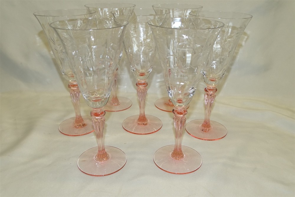 Tiffin 7 Water Goblets Stem 15071 Floral Etched with Pink Stem & Base