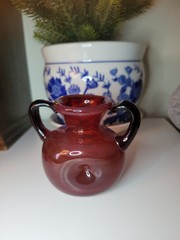 Set Of Two Red Small Vases /Pitcher Handles and Dimples Handblown Glass