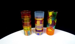 JM Signed Art Glass Multicolor Enamel Painted 3Pce Vintage 4 1/4″ Shot Glasses