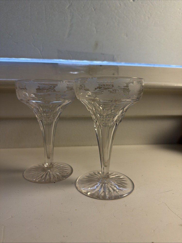 Set Of 2 Glass Champagne Glasses Etched Grapevine With Hollow Stem 5.5” VTG