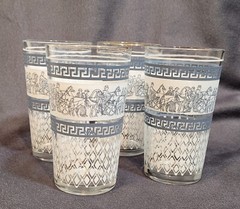 4 Jeanette Patrician 11 oz Tumbler Greek Design Chariot Blue White Glasses