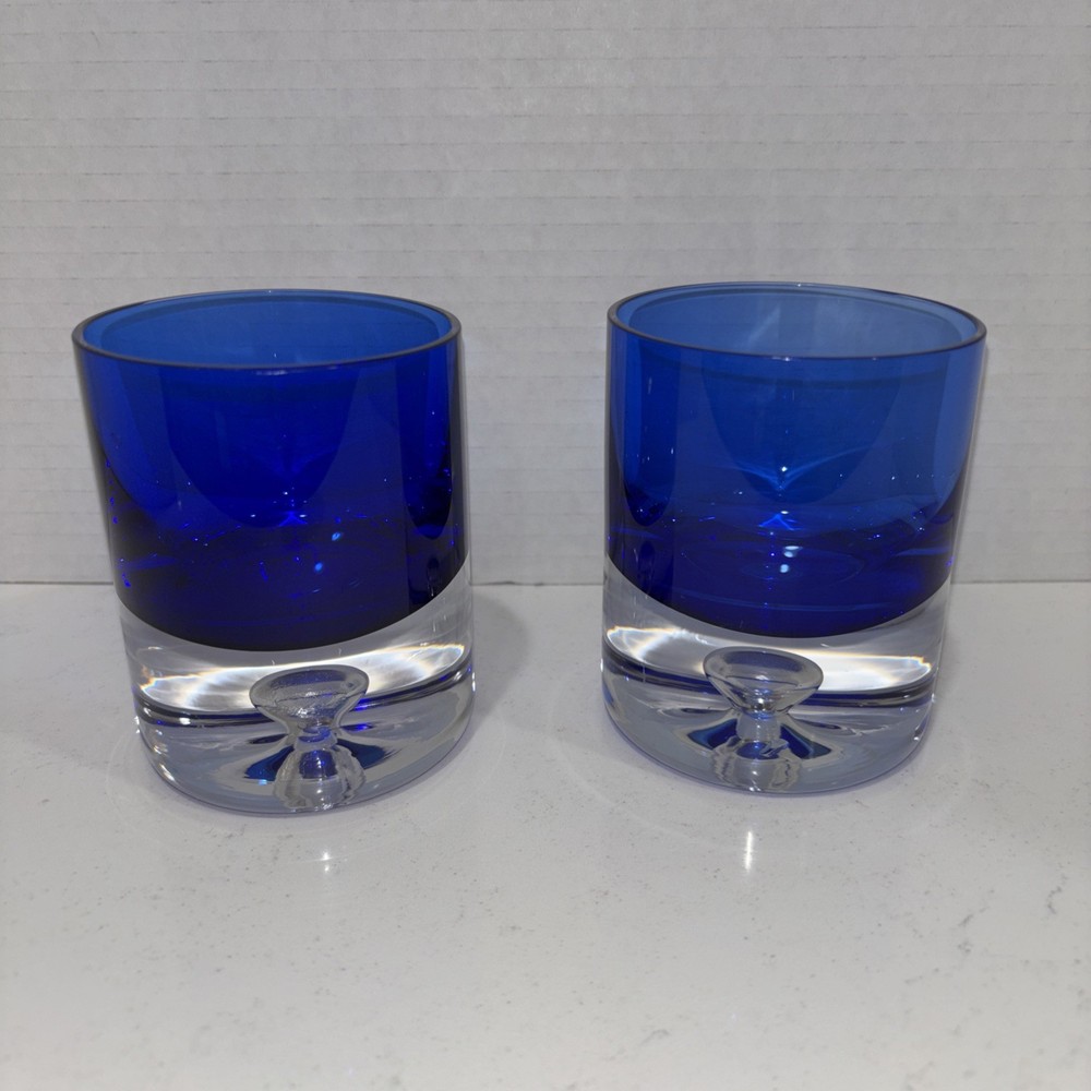 Cobalt Blue Bubble Base Glasses Block Stockholm Set of 2 Crystal Old Fashioned