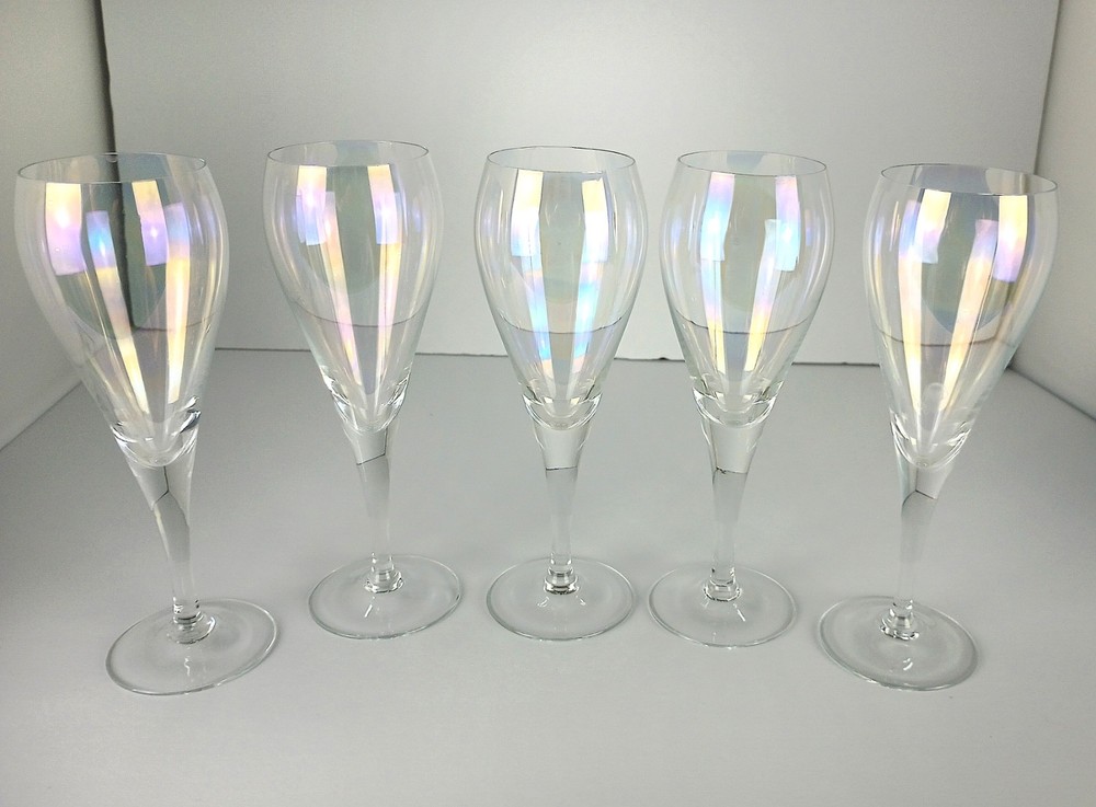 Set of 5 Vintage Iridescent Crystal Wine / Dessert Glasses – 7.5” Tall