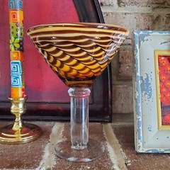 Tortoise Shell Pulled Feather Blown Glass Martini Cocktail Glass Heavy Sturdy