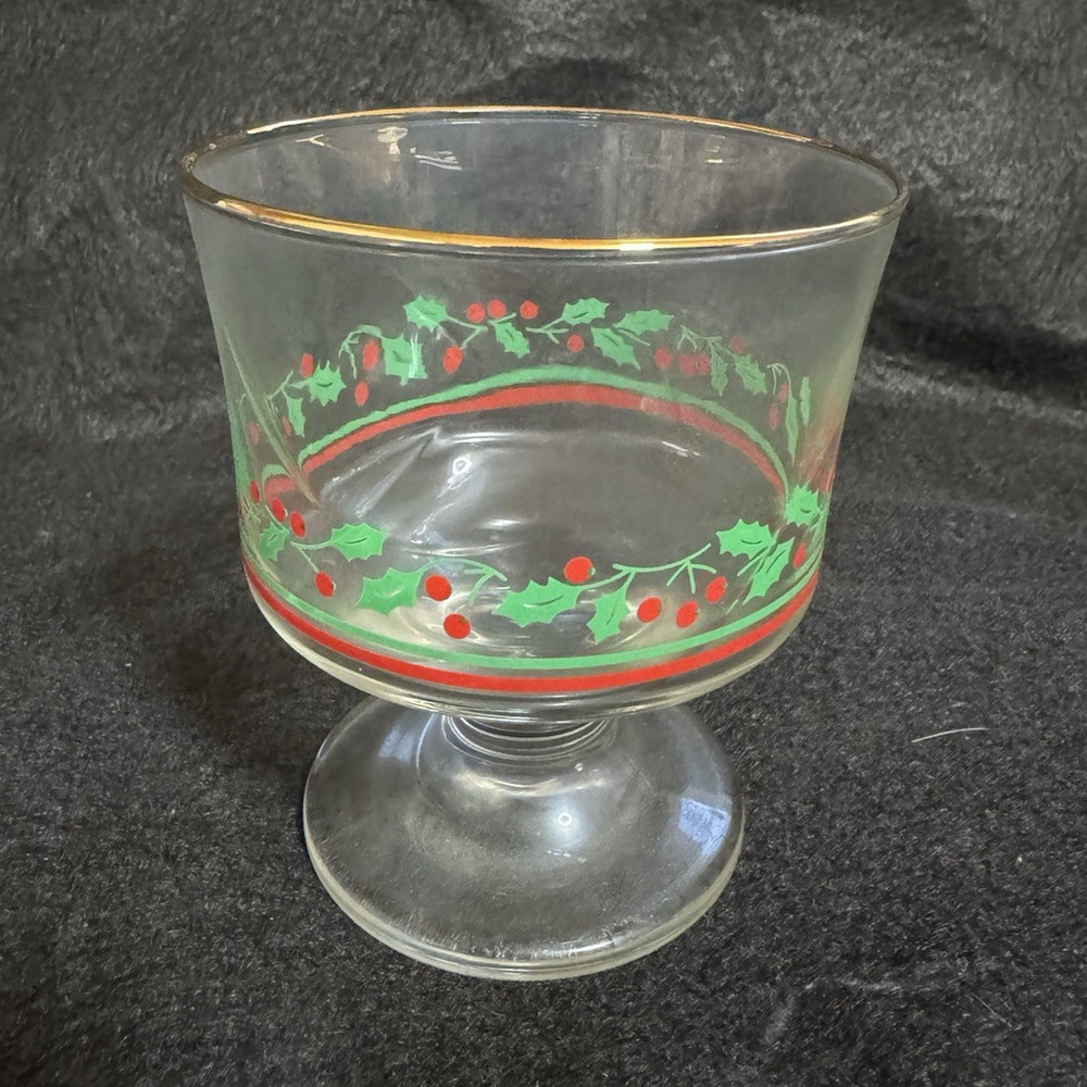 Clear Glass Christmas Holly Goblet Decorated Gold Rim Round Holiday Theme