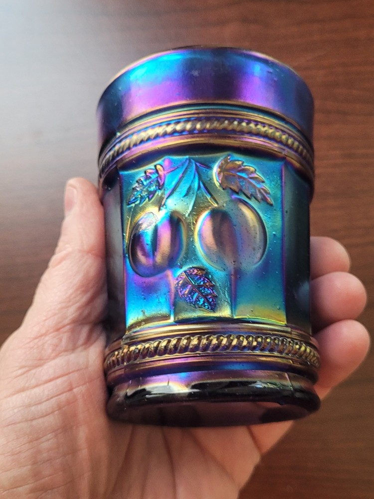 WOW ELECTRIC Blue Northwood Carnival Glass Peach Pattern Tumbler