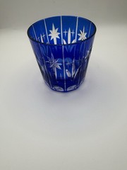 Unmarked Etched Cobalt Blue Cut Glass Starburst Shot Glass Votive Candle Holder