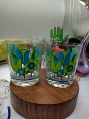 Royal Kendall Vintage Tulip Blue Green Flower Glass Tumblers MCM Set of 2