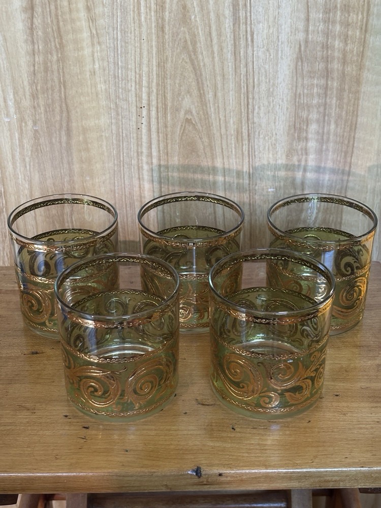 Signed Culver Toledo Green 22K Gold Rocks Glasses Set of 5 Vintage MCM Barware