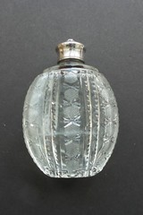 American Brilliant Period CUT GLASS Ladies Flask, Fraternal Crest on Silver Top
