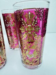 Set 4 Cranberry Pink Gold White Glass Highball Tumblers Folk Art Birds 5.75″H