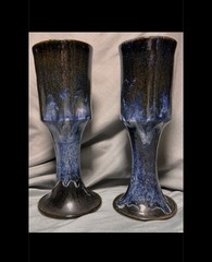 Vintage Studio Pottery Goblets Blue Drip Glaze Pedestal Cups Pair