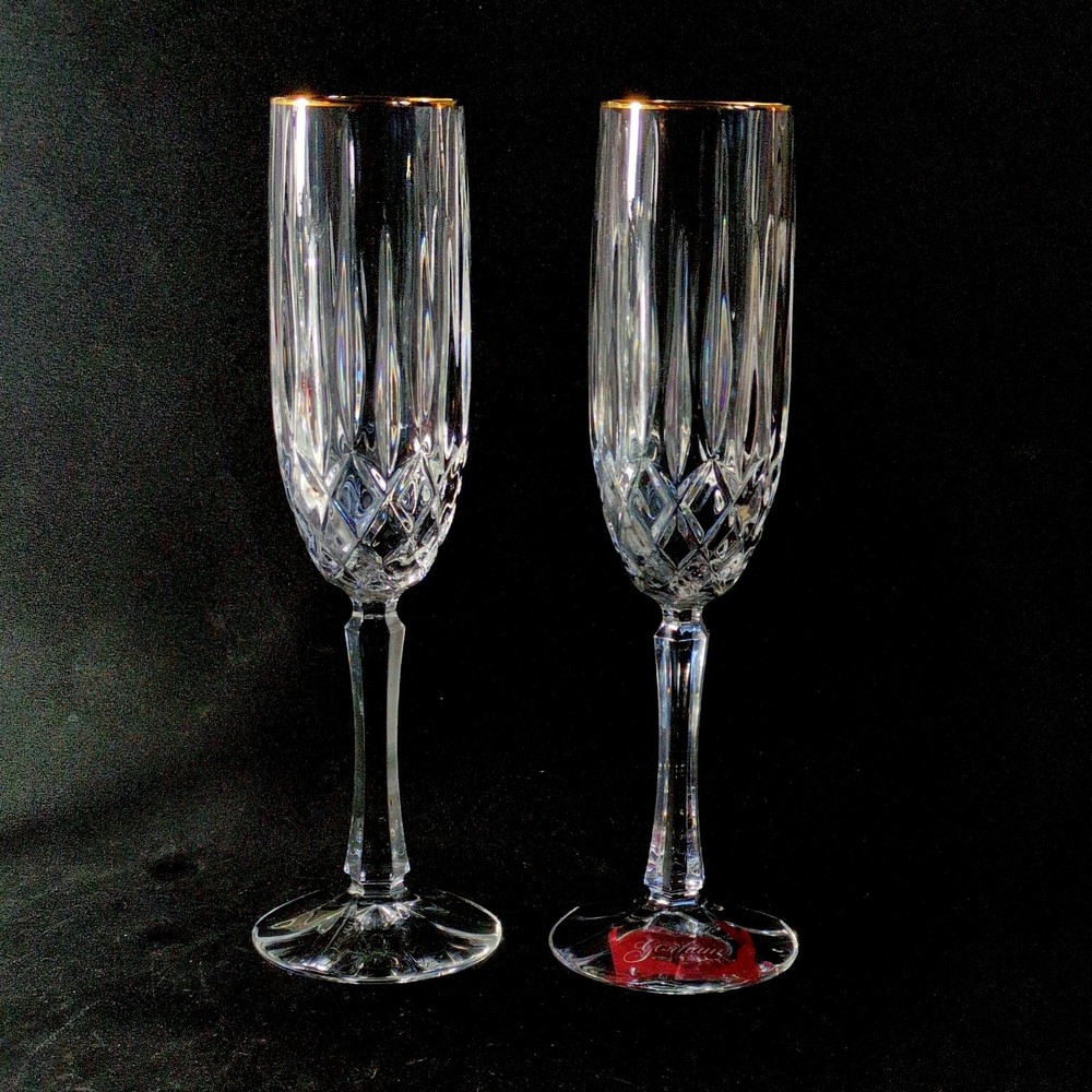 GORHAM REGALTA GOLD CHAMPAGNE FLUTES, Cut Crystal, 8 7/8″, 8 Oz, GERMANY, 2PCS