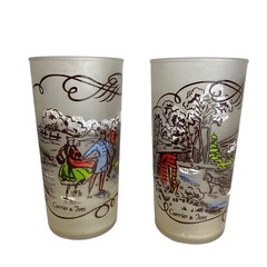 VTG Currier Ives Frosted Glasses Hazel Atlas 60s Winter Scenes Set Lot of 2