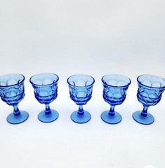 Vintage Fostoria Argus Blue Goblets Water Wine Glasses 6.5″ HFM Set of 5