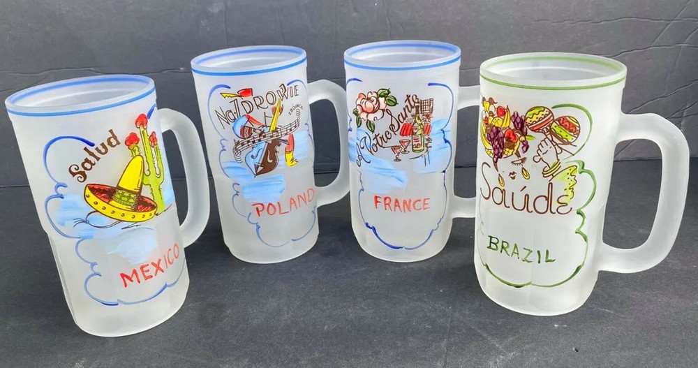 Vtg Beer Mug, Frosted Glass-Brazil-Poland-Mexico-France, Gay Fad-Hazel Atlas