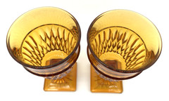 Pair of Indiana Glass Mt. Vernon Square Base Amber 6″ Goblets Cups Glasses