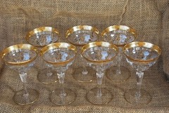 Vintage Set of 7 Wavy Etched Gold Leaf Greek Banded Rim Wine Champagne Glasses