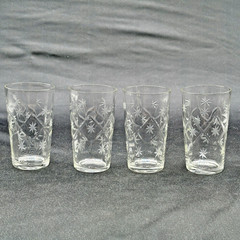 4 Etched Atomic Starburst Diamond Optic Juice Glasses 3 5/8″ H MCM EUC