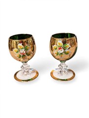 Vintage Murano Emerald Green Glasses Gold Guilded Set Of 2, Salvador Tre Fouchi