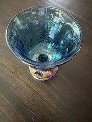 Blue Iridescent Carnival Glass Grape & Leaf Goblet Cup 4in Tall x 4in Dia