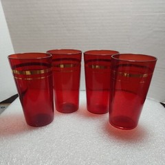 Set of 4 Royal RUBY RED Glass Tumblers with Gold Bands Anchor Hocking 1950’s