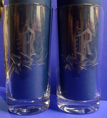 Monogram R MCM Cut Etched 4 Highball Glasses Block Script Vintage Vine Ivy Vtg