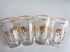 Lot Set 4 Libbey Flat Tumbler Drinking Glasses 8oz White Rose Gold Ribbon & Rim